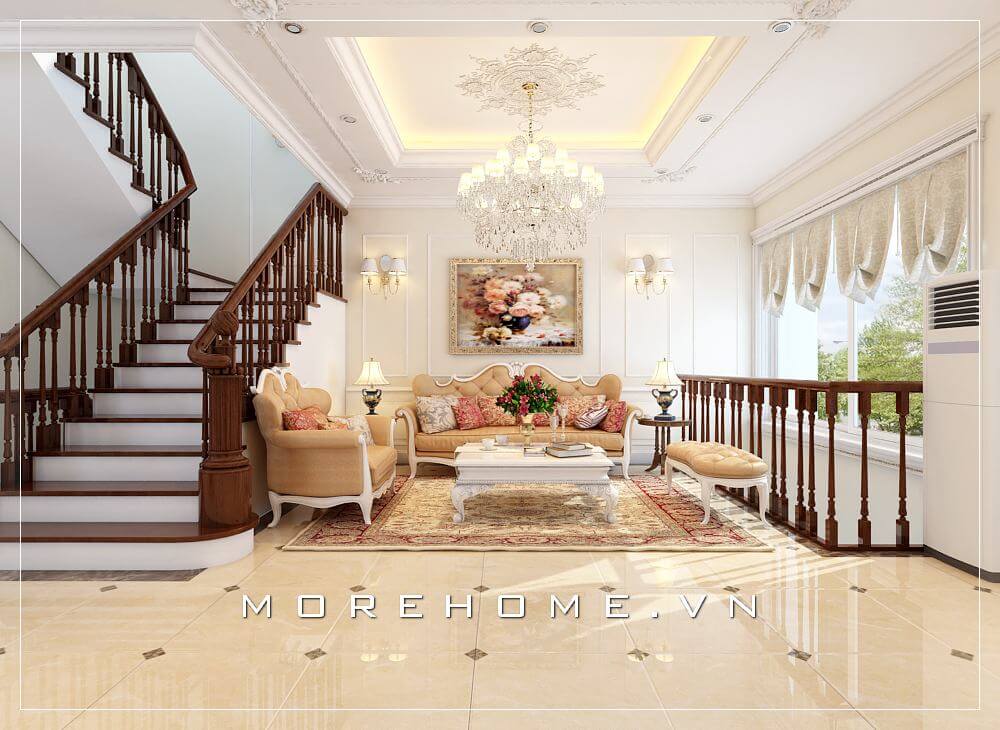 Bộ sofa phòng khách nhà phố được thiết kế phong cách tân cổ điển sang trọng, sử dụng chất liệu bọc bằng vải họa tiết cao cấp mang đến không gian phòng sang trọng và tinh tế